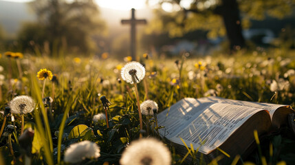 Dandelion flowers on a meadow on a spring day, the Holy Cross of Jesus Christ and the Holy Bible.