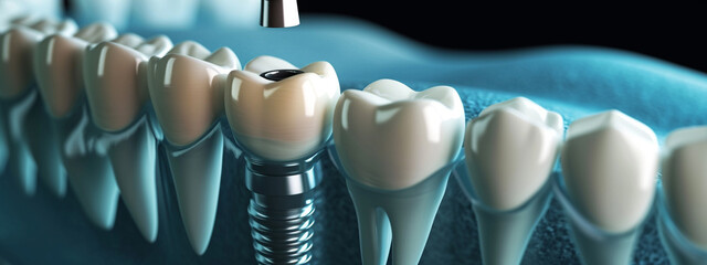 3D visualization of the jaw with cast pin and tooth restoration. - obrazy, fototapety, plakaty