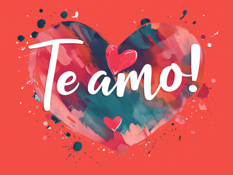 Te amo valentine's day card with text and big colorful red heart typography illustration