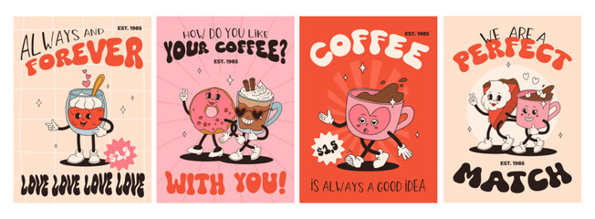 Valentine's Day set of funny vintage characters. Happy and cheerful retro. Old animation 60s 70s, groovy cartoon characters of coffee and sweets, donut, cupcake, espresso, latte, cocoa, cake. present.