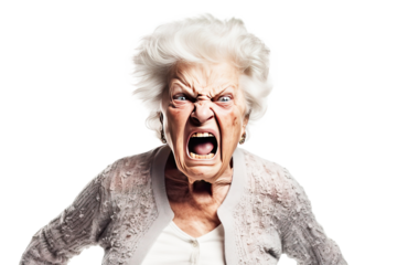Portrait of an angry senior woman. Isolated on white, transparent background, PNG. Negative emotion, angry face, gloomy expression