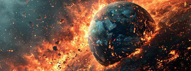 Earth globe collapse burning destroyed by fire. - obrazy, fototapety, plakaty