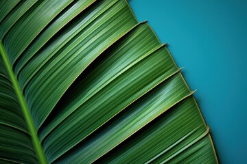  a close - up of a green leaf on a blue background with a light reflection of the leaves on the left side of the image and the right side of the image.