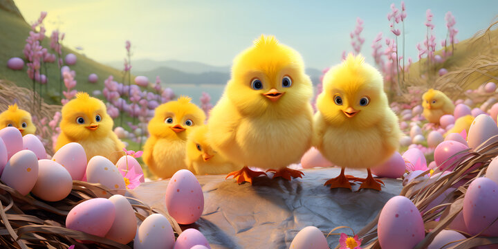Colorful Easter chicks in a wonderful fairy land