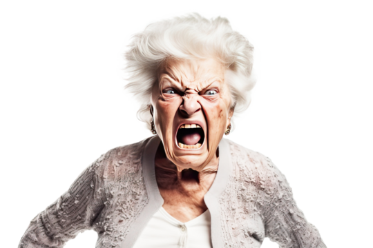 Portrait of an angry senior woman. Isolated on white, transparent background, PNG. Negative emotion, angry face, gloomy expression