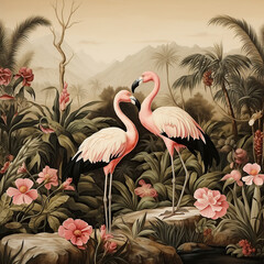 Vintage wallpaper with pink flamingos among tropical plants, landscape on a light brown background