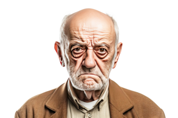 Portrait of an old man with a gloomy expression on his face. Bald senior man with negative expression isolated on white, transparent background, PNG