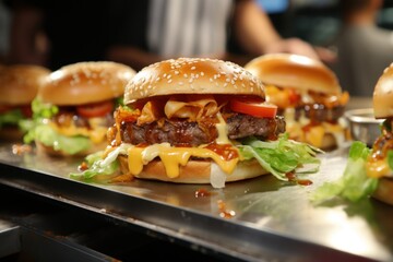  a row of hamburgers with cheese and lettuce on a metal tray with other hamburgers on the side of the tray and a person in the background.