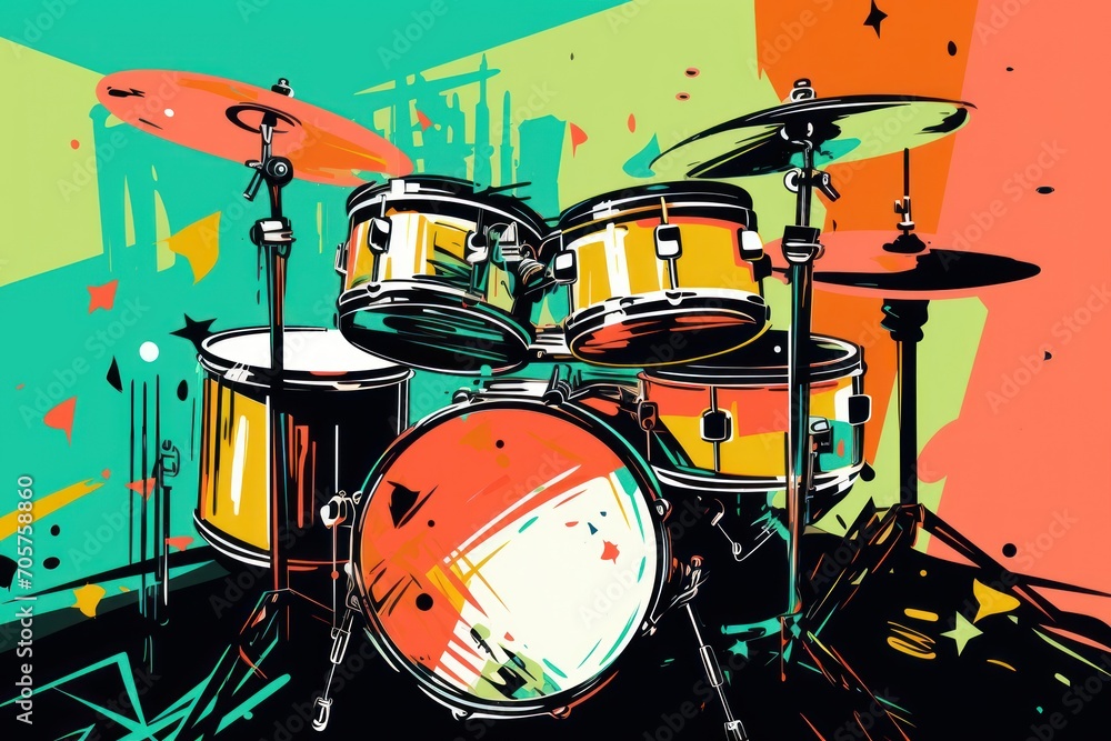 Aufkleber a close up of a drum set on a stage with paint splattered on the wall in the background and in the f