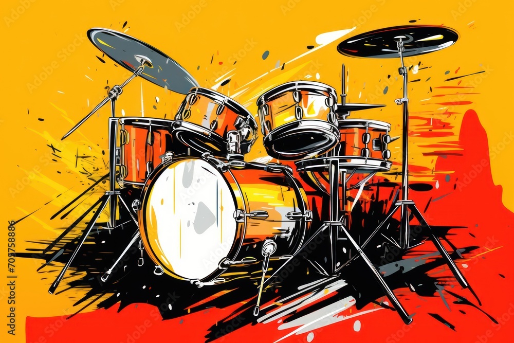 Poster a painting of a drum set on a yellow and red background with a splash of paint on the drum set and t