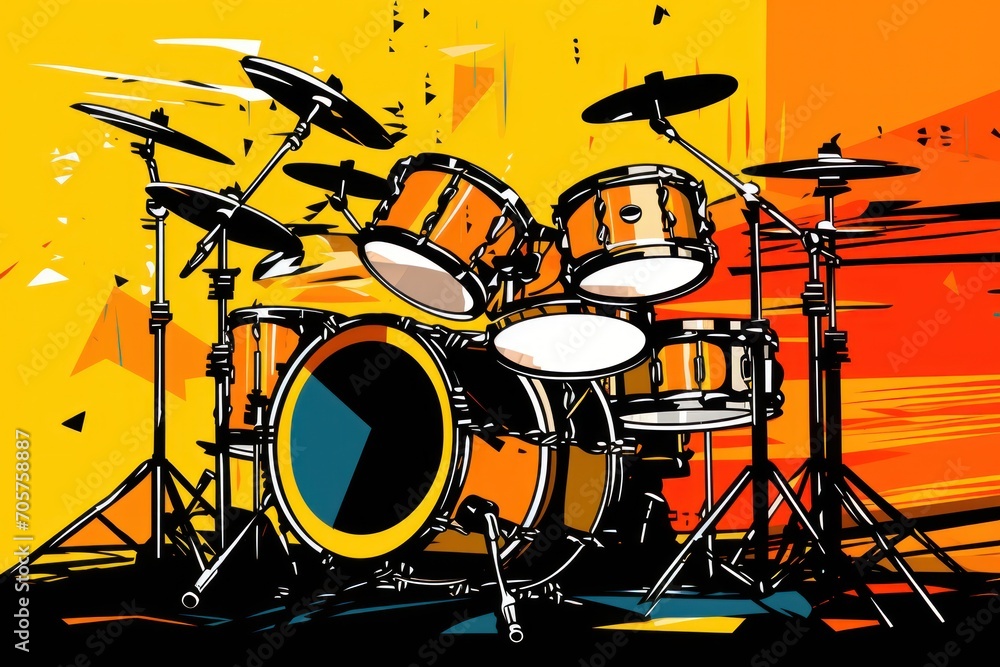 Poster a picture of a drum set in front of a yellow and orange background with a splash of paint on the top