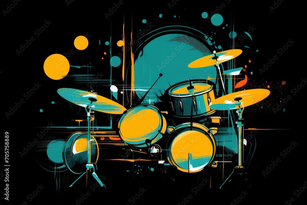 Poster a painting of a drum set on a black background with a splash of yellow on the drum set and a splash 