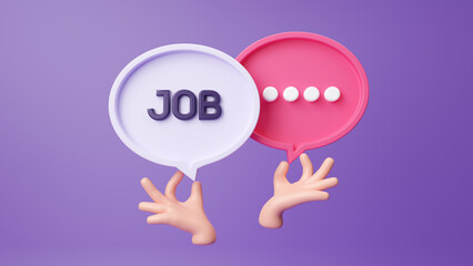 3D Hand holding job speech bubble on purple background, job search concept, find career. Find opportunity, seek for vacancy or work position concept. Business, marketing and advertising. 3d rendering