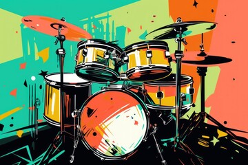  a close up of a drum set on a stage with paint splattered on the wall in the background and in the foreground, an orange, yellow, red, green, yellow, and blue, and pink, and green, and.