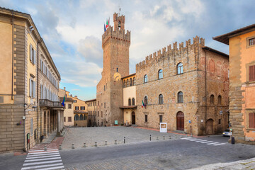 Arezzo, Italy. View of Piazza Liberta square with Torre dell'Orologio tower