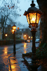 Old street lamp at night in Prague, Czech Republic. Selective focus.