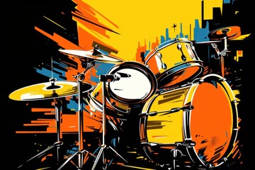  a painting of a drum set on a black background with orange, yellow, and blue paint splattered across the top of the drum set and bottom half of the drum.