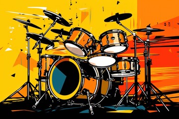  a picture of a drum set in front of a yellow and orange background with a splash of paint on the top of the drum set and bottom half of the drum set.