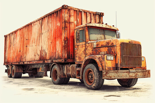 Old rusty truck with a container on the road. Retro style.