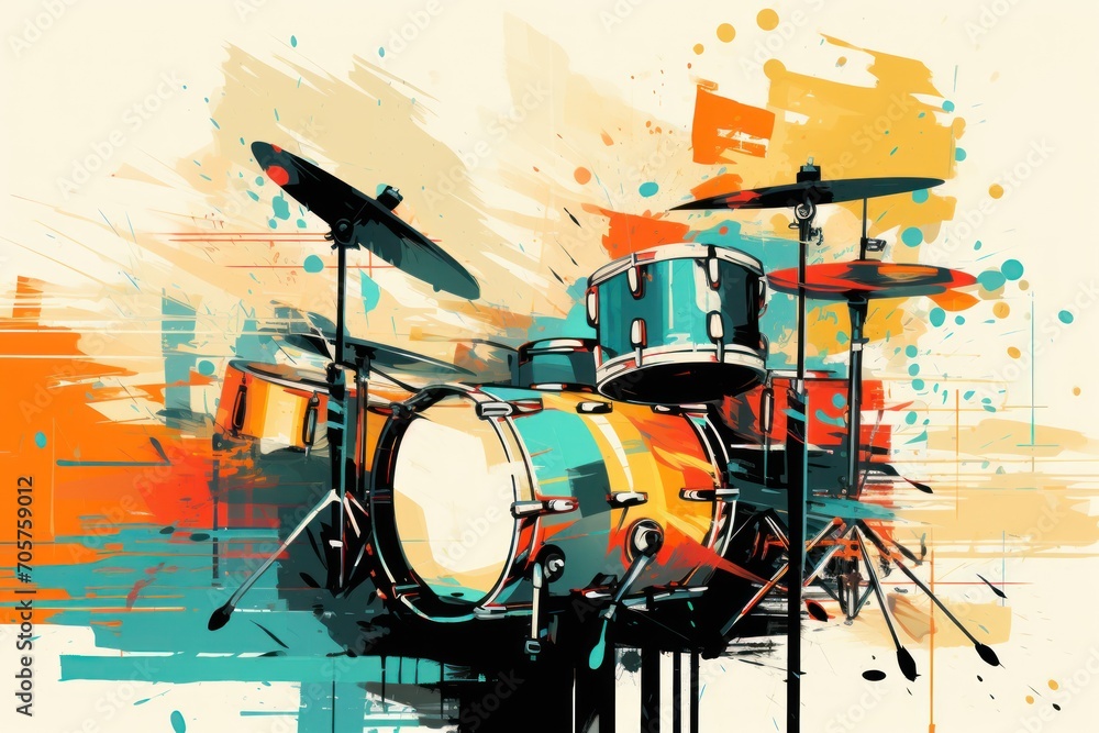 Poster a painting of a drum set with a splash of paint on the side of the drum set and a pair of drums on t