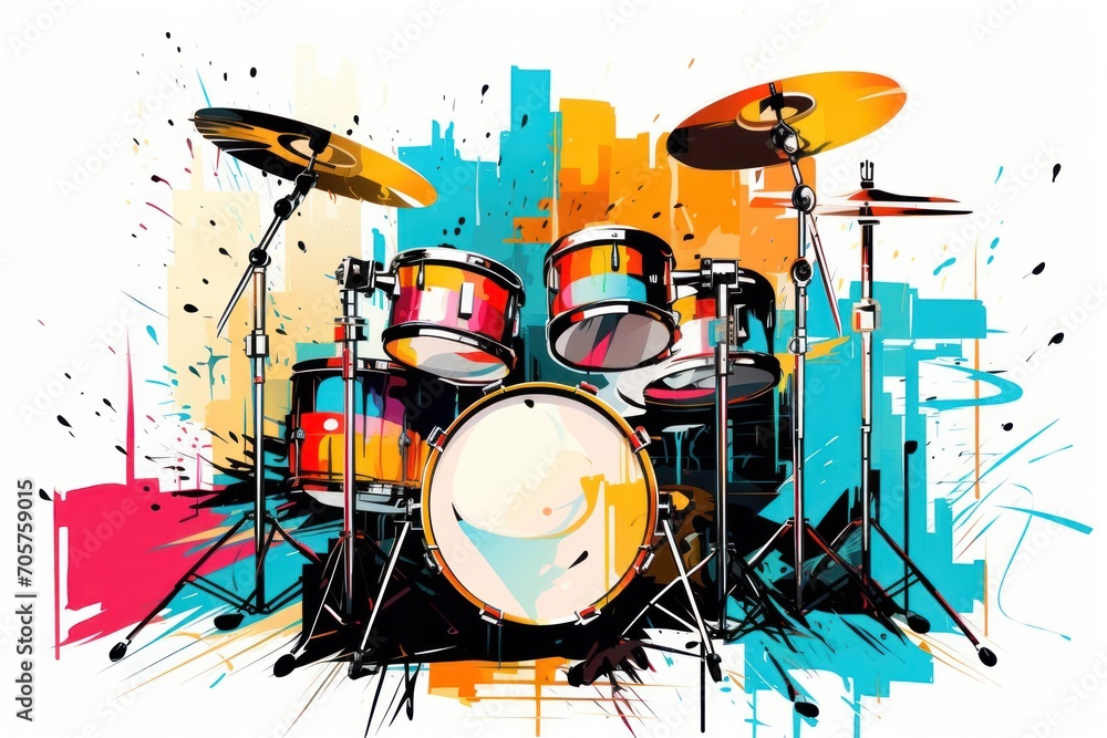 Poster a painting of a drum set with a splash of paint on the side of the drum set and a pair of drums on t