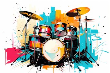  a painting of a drum set with a splash of paint on the side of the drum set and a pair of drums on the other side of the drum set.