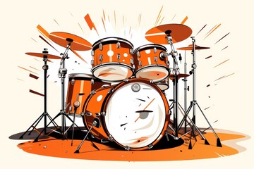  a drawing of a drum set with orange and white paint splattered on the drum set, with orange and white paint splattered on the drum set.
