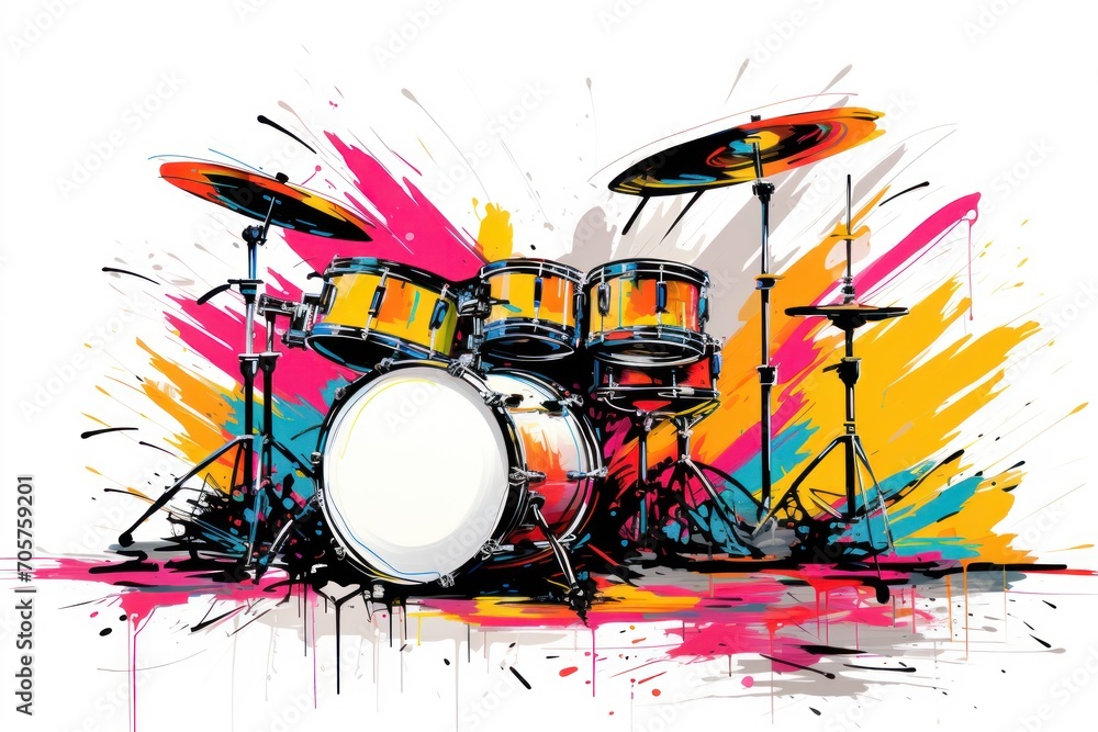 Aufkleber a drawing of a drum set with a splash of paint on the side of the drum set and a pair of drums on th