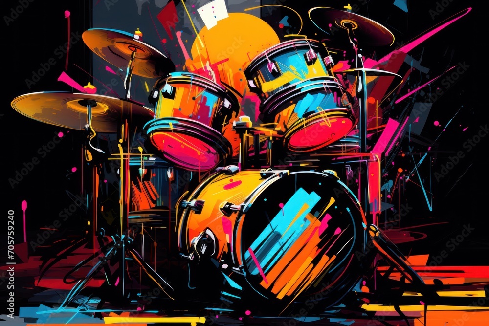 Poster a painting of a drum set on a black background with multi - colored paint splattered across the top 