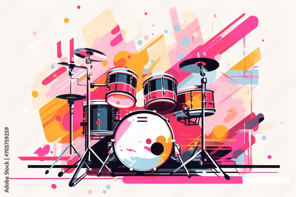 Aufkleber a painting of a drum set on top of a pink and yellow background with a splash of paint on the bottom