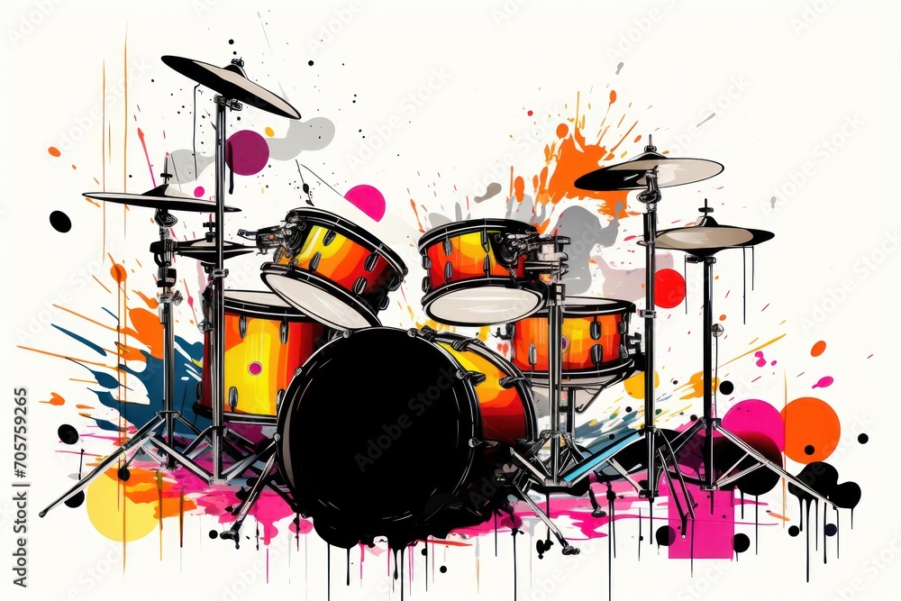 Poster a painting of a drum set with paint splatters and splashes on a white background with a splash of re