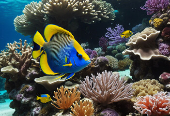 Naklejka na ściany i meble Colorful underwater coral reef fish swimming in a tropical 3D aquarium scenery