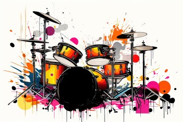  a painting of a drum set with paint splatters and splashes on a white background with a splash of red, orange, yellow, red, yellow, and black colors.