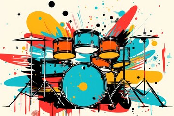  a drawing of a drum set with paint splatters and splashes on a white background with orange, blue, yellow, and red paint splatters.