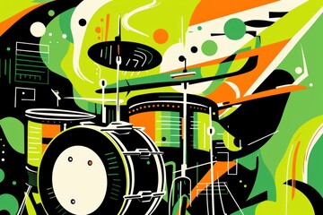  a painting of a drum set in front of a green and orange background with a black and white drum set in front of a black and white drum set in front of a green and orange background.