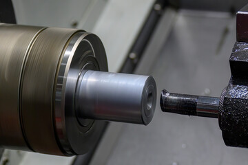 The  CNC lathe machine bore  cutting the metal shaft parts.