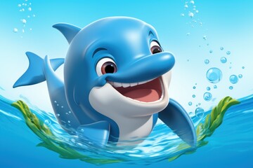  a cartoon dolphin swimming in the ocean with bubbles on it's head and a smile on its face, with a green leaf in the foreground of the water.