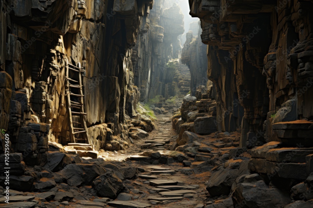 Poster there is a ladder going up the side of a narrow stone path in a cave like area with a ladder going u