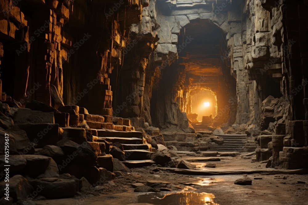 Aufkleber a dark tunnel with steps leading up to a light at the end of the tunnel is lit by a bright light at 