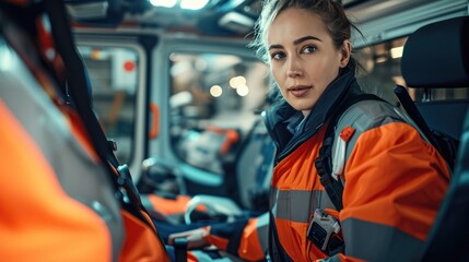 Emergency concept. Female EMS Professional paramedic in Ambulance vehicle on the way to hospital. Emergency medical care assistant works in an ambulance. - obrazy, fototapety, plakaty