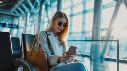 Traveling woman use smartphone while waits for flight in a boarding lounge of airline hub. Airport Terminal. Travel concept.