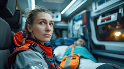 Emergency concept. Female EMS Professional paramedic in Ambulance vehicle on the way to hospital. Emergency medical care assistant works in an ambulance. - obrazy, fototapety, plakaty