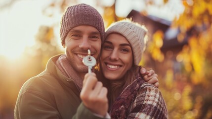 Fototapeta premium A young couple holds happily a key to their new home which they were. Happy housewarming concept.