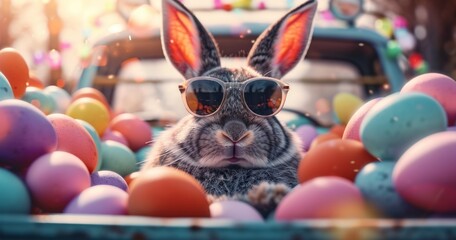 Fototapeta na wymiar Banner featuring a sunny side up Easter bunny with sunglasses, situated in the midst of a lively fiesta of Easter eggs, adding a playful and vibrant touch to the composition