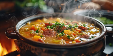Dutch Split Pea Soup Snert with Smoked Sausage: A rustic kitchen scene featuring a steaming pot of hearty soup - Cozy Comfort and Savoriness - Soft, warm lighting capturing - obrazy, fototapety, plakaty