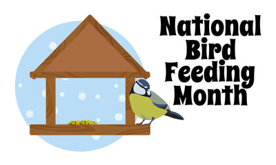 National Bird Feeding Month, horizontal poster or banner design with tit and bird feeder © SunnyColoring