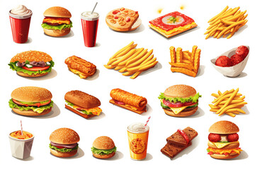 Fototapeta na wymiar Fast food, street food 3d vector icon set. Pizza, roasted turkey, hamburger, scrambled eggs, brocheta, fried fish, tacos, french fries