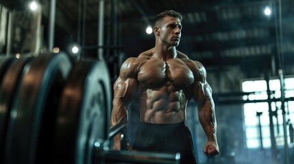 Fototapeta na wymiar Portrait of Young adult bodybuilder standing in gym.