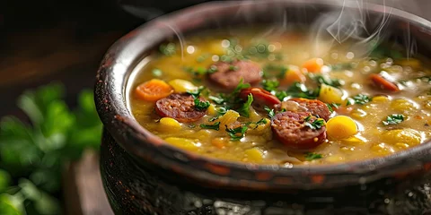 Foto op Canvas Dutch Split Pea Soup 'Snert' with Smoked Sausage: A rustic kitchen scene featuring a steaming pot of hearty soup - Cozy Comfort and Savoriness - Soft, warm lighting capturing the essence © SurfacePatterns