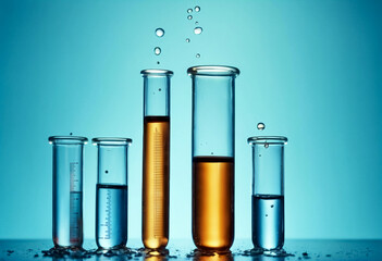 Esperimenti Chimici- Infiltrazione di Reagente in Provetta su Sfondo Blu, Dettaglio Accattivante - obrazy, fototapety, plakaty